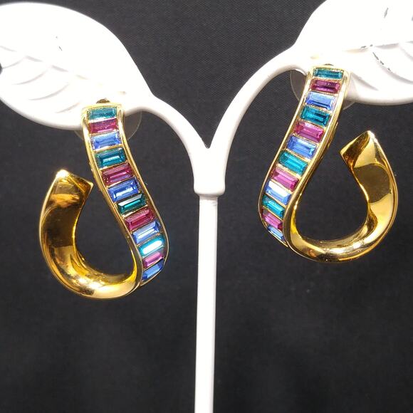 Vintage Swarovski Swan Logo Earrings, Gold Plated Rhinestone Hoop, 1990s Jewelry - Picture 7 of 10